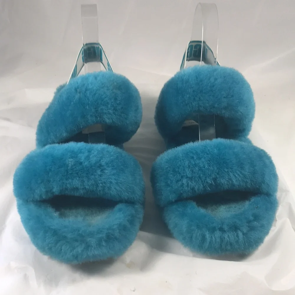 UGG Women’s Oh Yeah Teal Blue Fuzzy Platform Strappy  Logo  Shoe Slippers